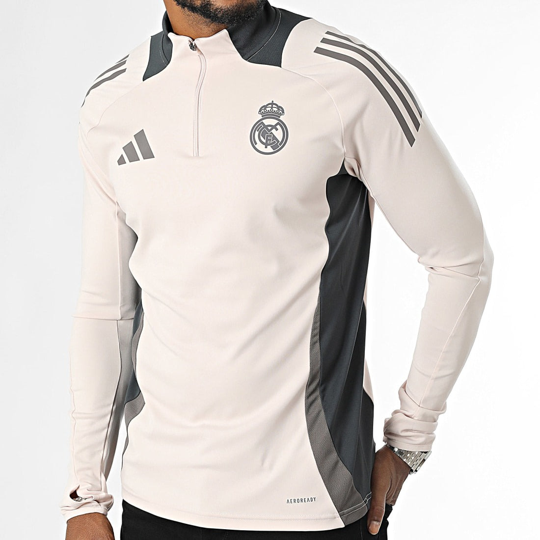 Tee Shirt Manches Longues A Bandes Real Madrid IT5133 Beige Gris